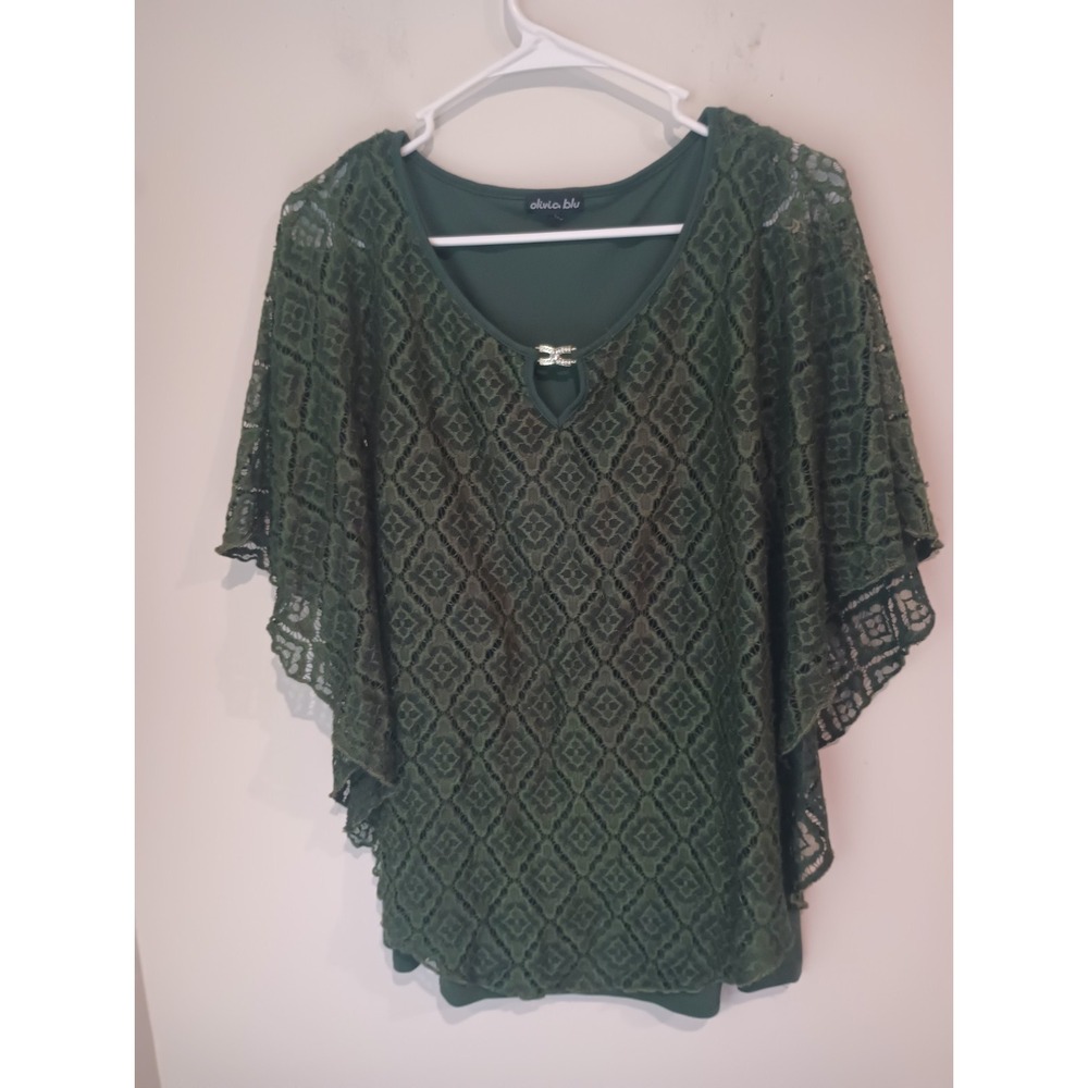 Olivia Blu Women Large Green Lace Overlay Poncho Top Keyhole Rhinestone Boho L